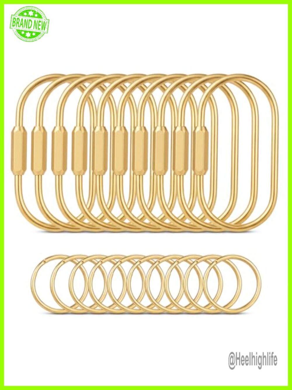 10 Pack Gold Brass Key Rings with Screw Lock Carabiner Clips for Keys, Bags,